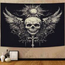 Gothic Skull Tapestry With Wings & Sun Motif - Peach Light Beige Fabric Wall Hanging For Dorm, Bedroom, Living Room - Lightweight Durable Decor, No Electricity Needed, Perfect Gift For Skeleton Lovers, Study Room Accent| Mystical Decor Piece| Easy Hang Design, Gothic Home Decor - Màu sắc hình ảnh - Xem 3