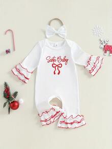 Baby Girl Christmas Outfit Bow Letter Print Ruffle Long Sleeve Romper Bow Headband 2 Piece Set - trắng - Xem 2