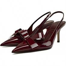 Bow Knot Slingback Kitten Heels Women Closed Pointed Toe Pumps Stiletto Heels Sandals, Fashionable - 酒紅色 - 查看 1