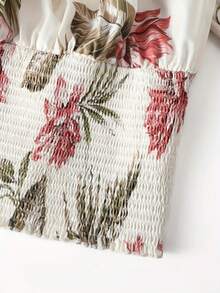 Women's Off-Shoulder Blouse, Casual Vacation Elegant Preppy Simple Floral Print Long Sleeve Shirred Top, Cinched Waist Slimming, Suitable For Daily Outings, Leisure, Commuting, Garden, Gatherings, Airport Outfit, Summer