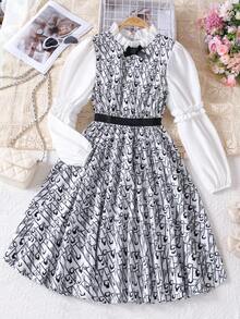 Girls' Retro Plaid Patchwork Ruffle Collar Casual Long Dress, Spring/Autumn