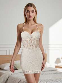 Dresses For Women Mesh Lace Floral Corset Top Tummy Control Short Prom Dress Backless White Cocktail Gown - trắng - Xem 2
