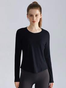 1pc Women's Solid Color Loose Fit Long Sleeve Fitness T-Shirt