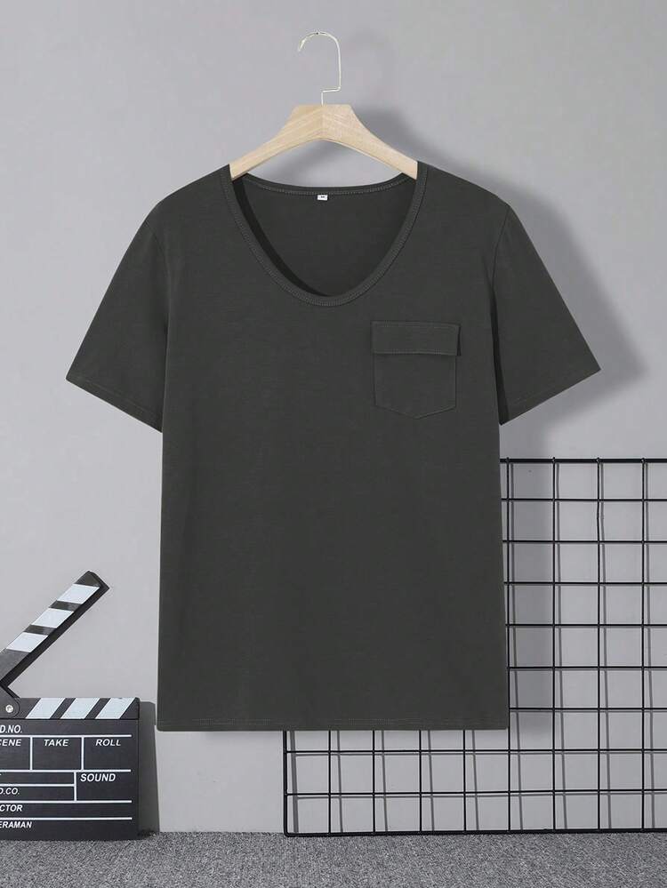 100% Cotton Casual Men's Short Sleeve V-Neck T-Shirt, Paired With American Style Shorts, Suitable For Travel/Vacation/Outdoor Camping - Grey - View 3