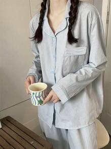 2pcs Women Sleepwear Set - Blue Striped Long Sleeve Top And Pants, Loose Fit Pajama For Homewear, Suitable For Spring And Autumn,Two Pieces Set, Fall Clothes