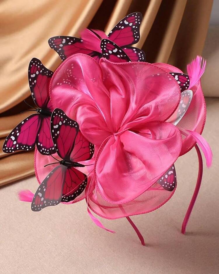 Organza Fascinators Hats - Monarch Tea Party Hat With Hairpin, 2025 Derby Headwear - Màu Hồng Tươi - Xem 4