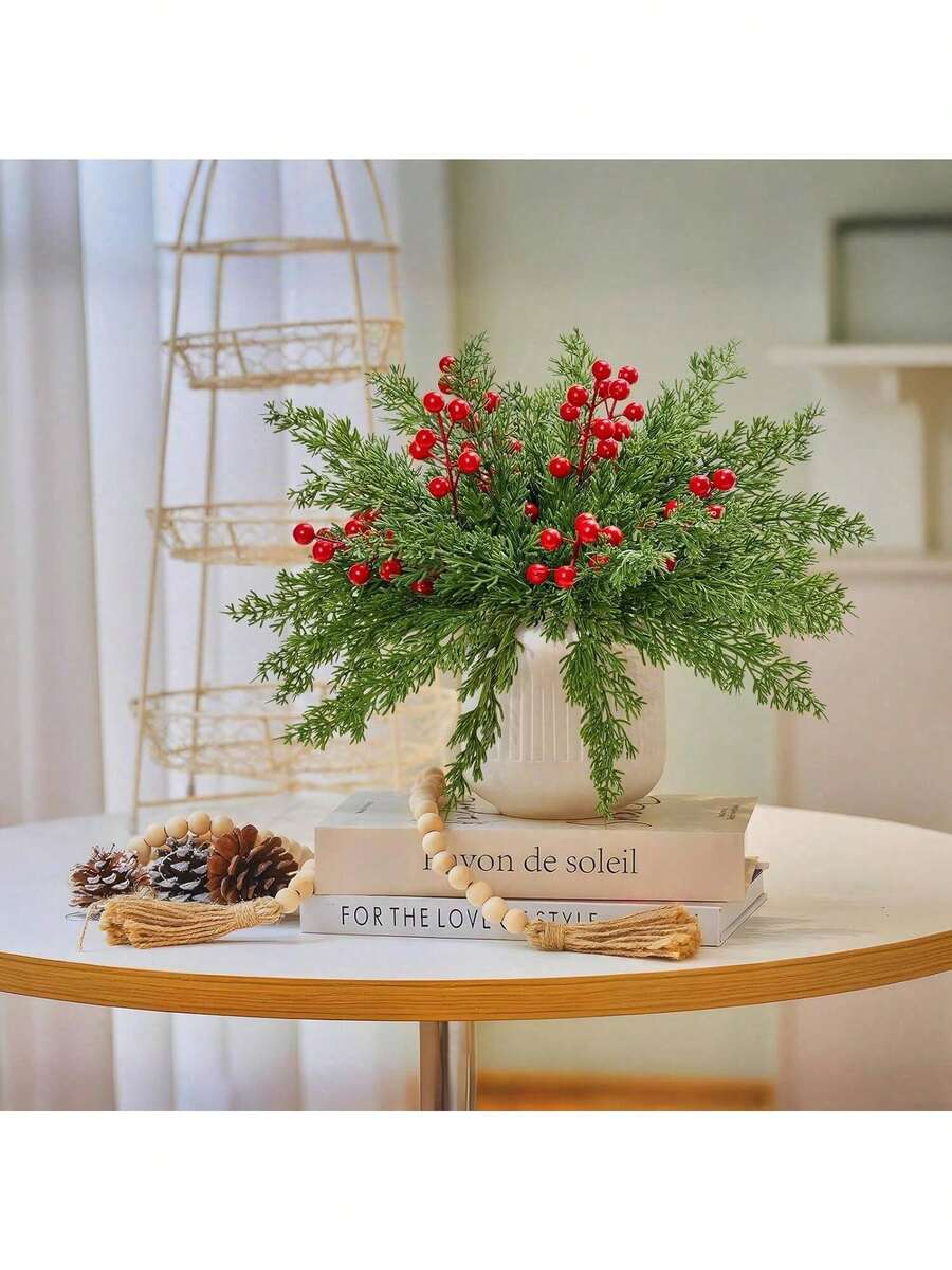 26/45 buc ramuri artificiale de pin cu tulpini de fructe de pădure roșii, ramuri de cedru verde artificial de Crăciun, ace de pin verdeață false pentru coroane, ghirlande, artizanat DIY și decorațiuni de Crăciun