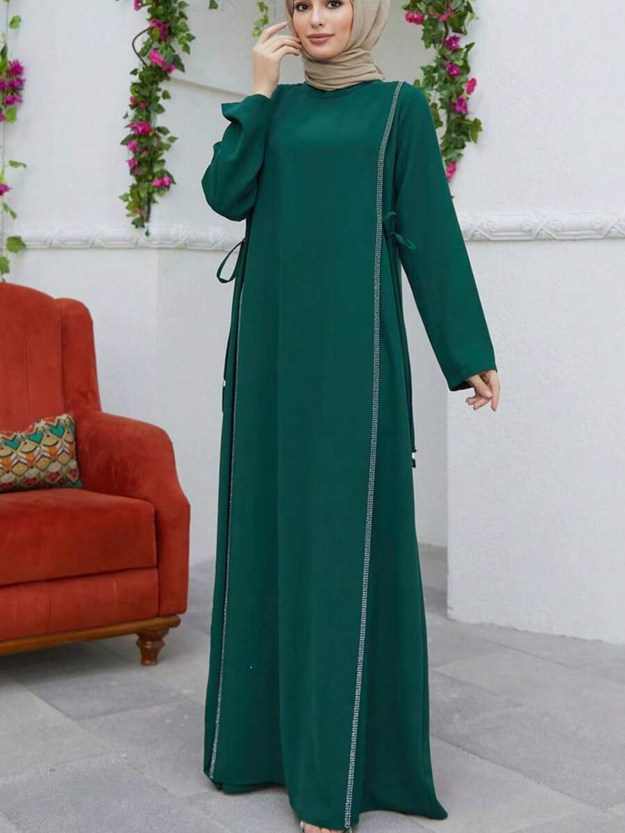 Fashion Women's Small Standing Collar With Diamond Studded Decoration Loose Long Dress