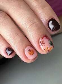 24pcs Halloween Or Thanksgiving Day Short Square Shape Acrylic Press On Nails Autumn Pumpkins And Maple Leaf Design False Nails Glossy Topcoat Nails Art Holiday Fake Nails,Nail Supplies For Women And Girls Wear Gel Nail Kit