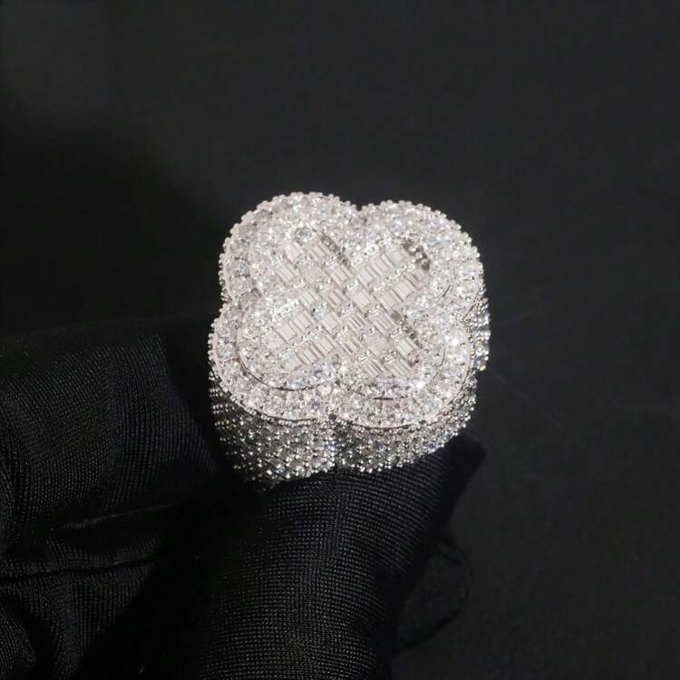 男士奢华铂金镀全冰锆四叶草嘻哈雪花朋克戒指 - 白金 - 查看 5