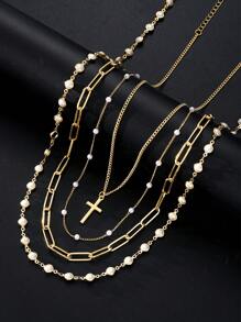 4pcs Elegant Luxurious Sexy Women Friendship Flower Gold Tone Cross Faux Pearl Necklace Set, Layered Long Necklaces For Daily, Party, Wedding Occasions