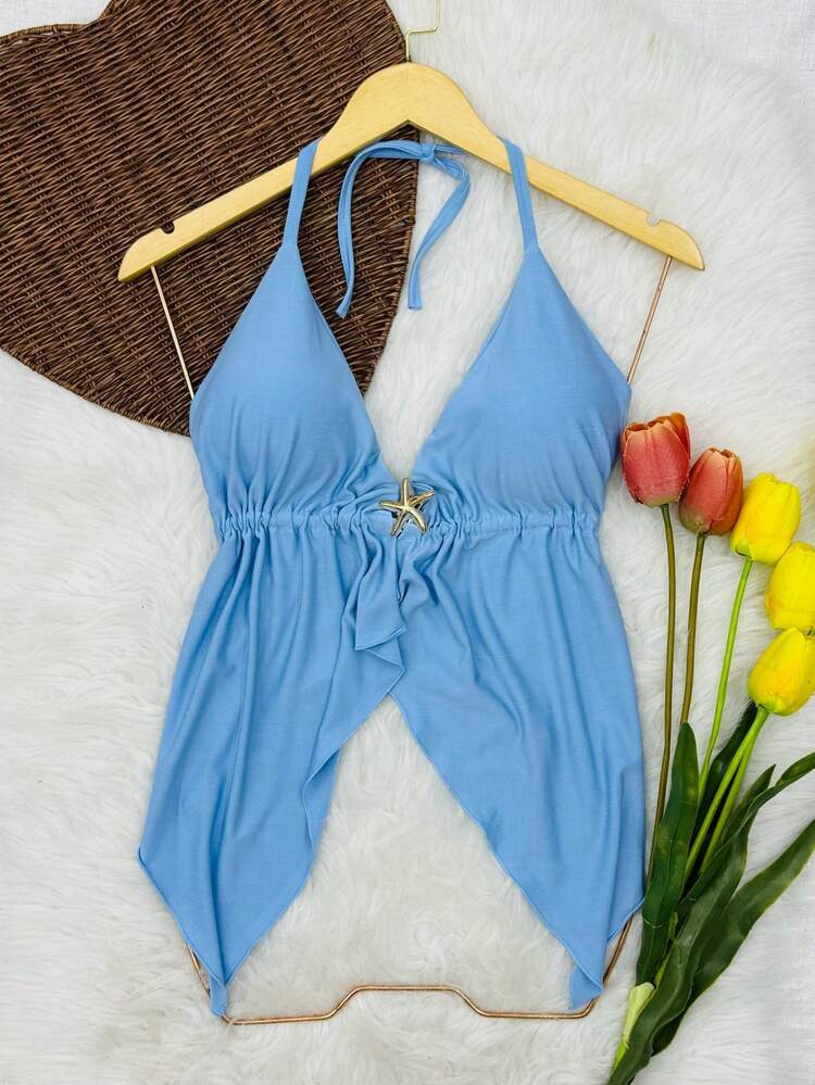 Boho Chic Cropped Top With Curtains - Launch 2025 - Màu xanh lam - Xem 1