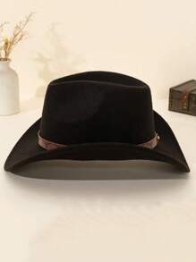 1 件男女通用西部牛仔礼帽，配有可拆卸 PU 装饰腰带 - 由涤纶毡制成，黑色带棕色装饰，非常适合休闲穿着、圣诞派对和主题活动