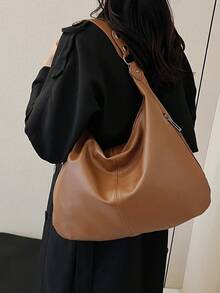 1个女士时尚简约手提包 - 大容量单肩托特包，带安全拉链，百搭时尚配饰，有浅黑色/酒红色/棕色可选 - 棕色 - 查看 6