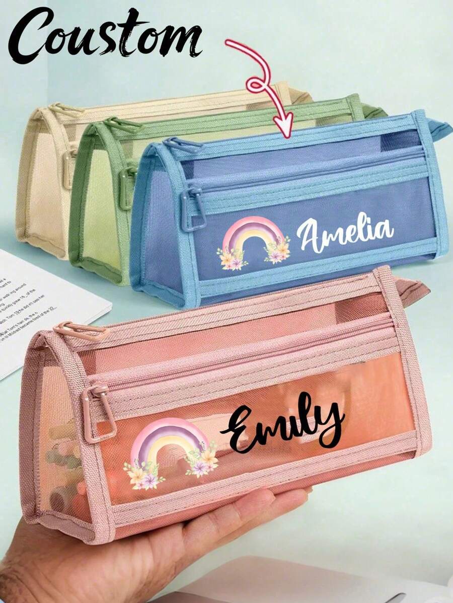 Personalized Customized Name Clear Large Capacity Pencil Case, Fashion Simple Pencil Bag, High Capacity Nylon Mesh Breathable Pen Bag, Exam/Student Stationery Bag, Mesh Pencil Pouch, Simple Student Supplies Box, Back To School, Learning Supplies - Multicolor - View 1