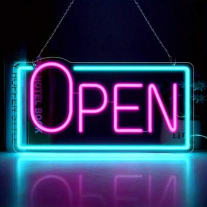 USB Powered LED "Open" Neon Sign - Adjustable Brightness, Polished Metal Surface, Multipurpose Wall Decor Neon Light For Commercial Spaces, Cafes, Restaurants And Home Entryways