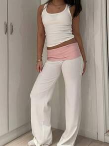 Fold Over Yoga Pants For Women Elastic Waist Low Rise Straight Wide Leg Sweatpants Y2k Color Block Flare Yoga Lounge Leggings Stretchy Loose Gym Pants Back To School Clothes For Teen Girls - 白色 - 查看 2