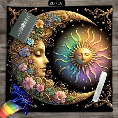 1 pieza Mantel de tarot con elegante sol y luna, mandala, tela de altar, mantel de cielo estrellado, tapete de adivinación, mantel de tarot estilo bohemio, decoración del hogar