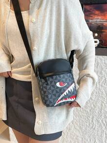 男士休闲格子单肩斜挎包，时尚小方形斜挎包，独特鲨鱼嘴设计 - 黑色 - 查看 6