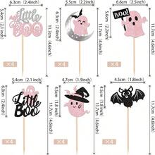 24 piezas de decoraciones para cupcakes de Halloween, con murciélagos, fantasmas y "Little Boo" en colores rosa y negro, para fiestas de Halloween, baby shower, cumpleaños y decoración de pasteles