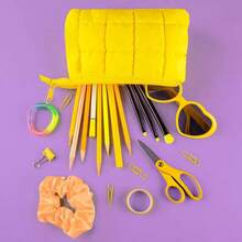 Expandable Quilted Puffer Pouch - 7.85 Inch Stylish Zipper Cosmetic Bag, Travel Toiletry Organizer, Makeup Case For Women, Water-Resistant Polyester Storage Pouch (6.75" Height) - Neon Yellow - 查看 3