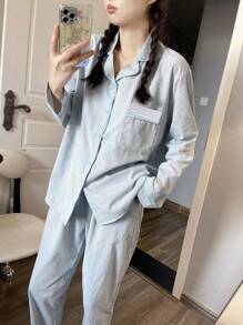 2pcs Women Sleepwear Set - Blue Striped Long Sleeve Top And Pants, Loose Fit Pajama For Homewear, Suitable For Spring And Autumn,Two Pieces Set, Fall Clothes