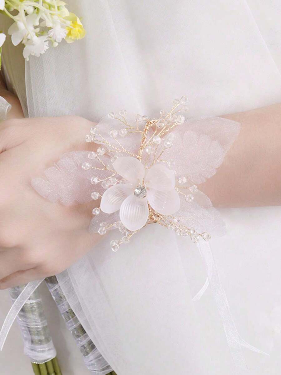 1 pieza Elegante corsage de muñeca con flor blanca, decoración de muñeca para dama de honor en boda