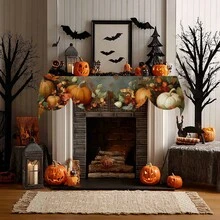 1pc/72pcs Autumn Harvest Festival Thanksgiving Blue Pumpkin Maple Leaf Pattern Fireplace Towel - Autumn Themed Polyester Table Runner, Perfect For Home Living Room Decoration, Tablecloths, Flags, Banners, And Fireplace Covers, Autumn Home Decor