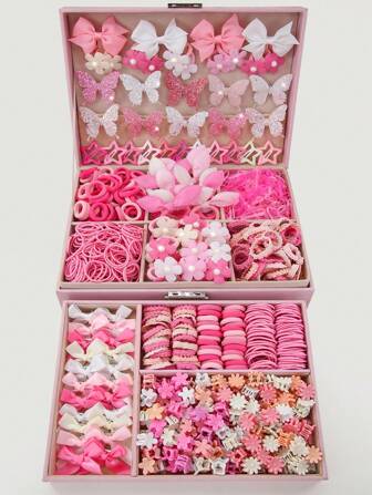 534pcs/Set Girls' Pink Bowknot Hair Clips, Cute Princess Hair Accessories, High Elastic Durable Non-Damaging Hair Ties, Hair Bands, Rabbit Ear Hair Rings, Versatile Duck Clip Barrettes, Suitable For Daily Use