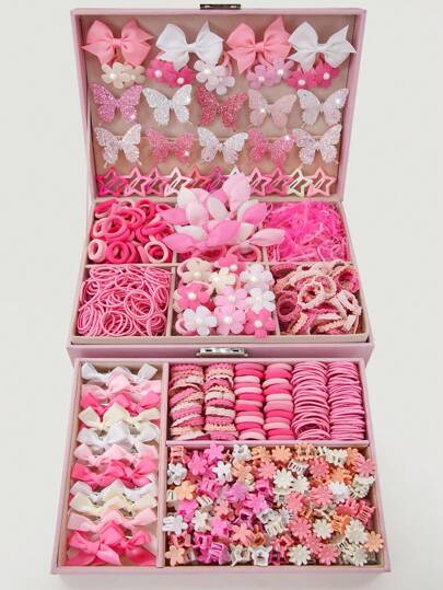 Conjunto de 534 piezas de pasadores de pelo con moño rosa para niñas, accesorios de pelo de princesa lindos, lazos de pelo elásticos duraderos y sin daños, diademas, anillos de pelo con orejas de conejo, pasadores de pato versátiles, aptos para uso diario