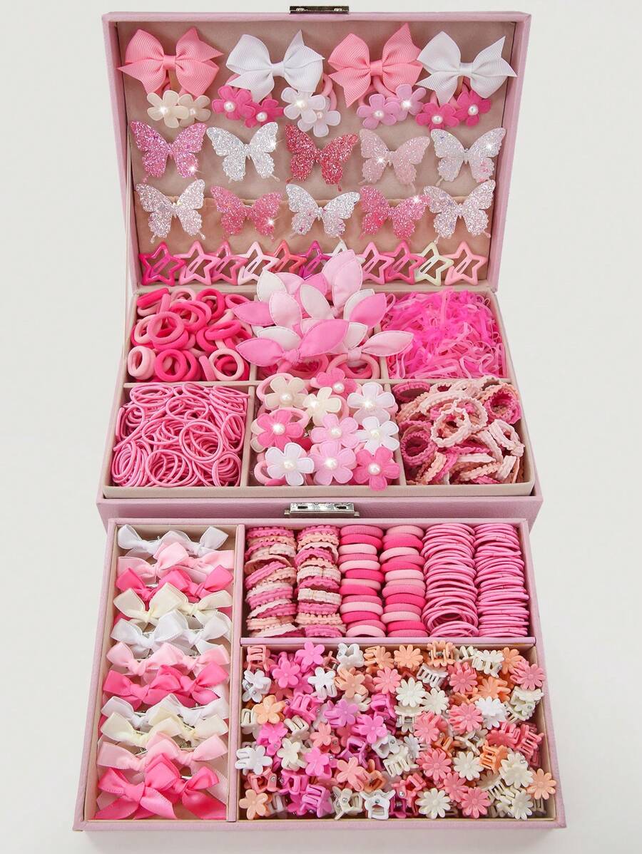 534pcs/Set Girls' Pink Bowknot Hair Clips, Cute Princess Hair Accessories, High Elastic Durable Non-Damaging Hair Ties, Hair Bands, Rabbit Ear Hair Rings, Versatile Duck Clip Barrettes, Suitable For Daily Use