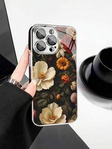 1pc Fashionable Retro Floral Pattern Tempered Glass Material With Lens Film Electroplated Anti-Fall Scratch-Resistant Anti-Fingerprint TPU Full Edge Soft Phone Case Compatible With Apple Models - Multicolor - View 1