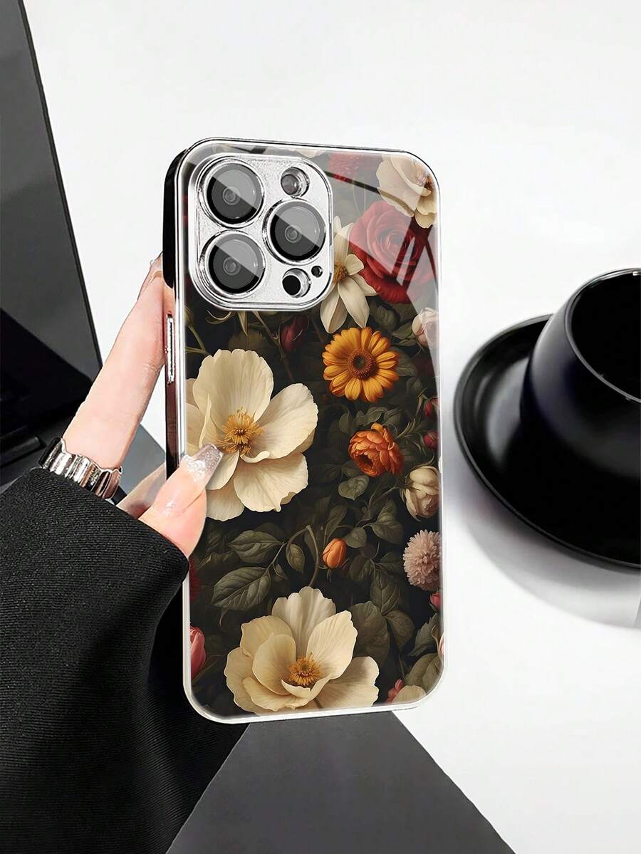 1pc Fashionable Retro Floral Pattern Tempered Glass Material With Lens Film Electroplated Anti-Fall Scratch-Resistant Anti-Fingerprint TPU Full Edge Soft Phone Case Compatible With Apple Models - Multicolor - View 1