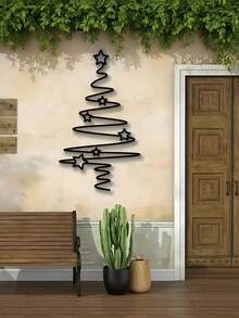 1pc Metal Christmas Tree Wall Art - Elegant Black With Star Ornaments, For Indoor/Outdoor Living Room, Courtyard & Garden - Multicolor - View 4