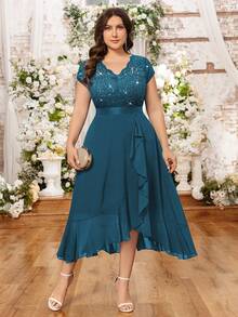 Plus V Neck Sequin Lace Bodice Ruffle Split Thigh Chiffon Evening Party Long Dress, Elegant Wedding Guest Dress, For Birthday, Graduation, Homecoming - Dusty Blue - View 6