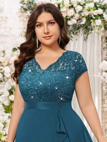 Plus V Neck Sequin Lace Bodice Ruffle Split Thigh Chiffon Evening Party Long Dress, Elegant Wedding Guest Dress, For Birthday, Graduation, Homecoming - Dusty Blue - View 8