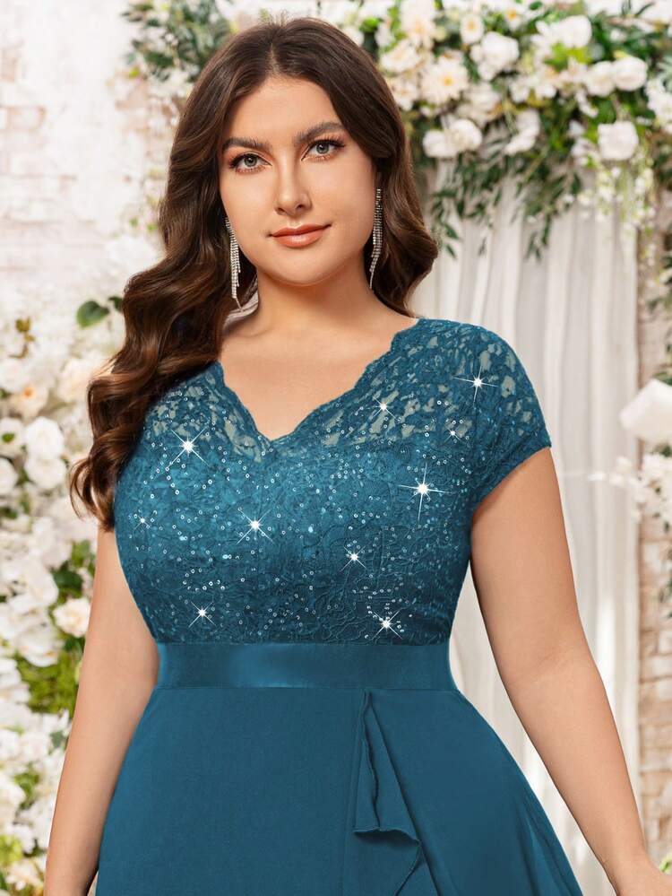 Plus V Neck Sequin Lace Bodice Ruffle Split Thigh Chiffon Evening Party Long Dress, Elegant Wedding Guest Dress, For Birthday, Graduation, Homecoming - Dusty Blue - View 8