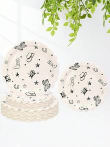 10 cái/20 cái/50 cái Đĩa tiệc cao bồi miền Tây Đĩa giấy hình vỏ sò hình bò Đĩa bánh ăn tối Đĩa ăn nhẹ Đồ dùng sinh nhật miền Tây Đĩa tráng miệng giấy chủ đề tiệc độc thân First Rodeo Cowboy Ranch cho tiệc sinh nhật cao bồi miền Tây hoang dã - Đen và trắng - Xem 1