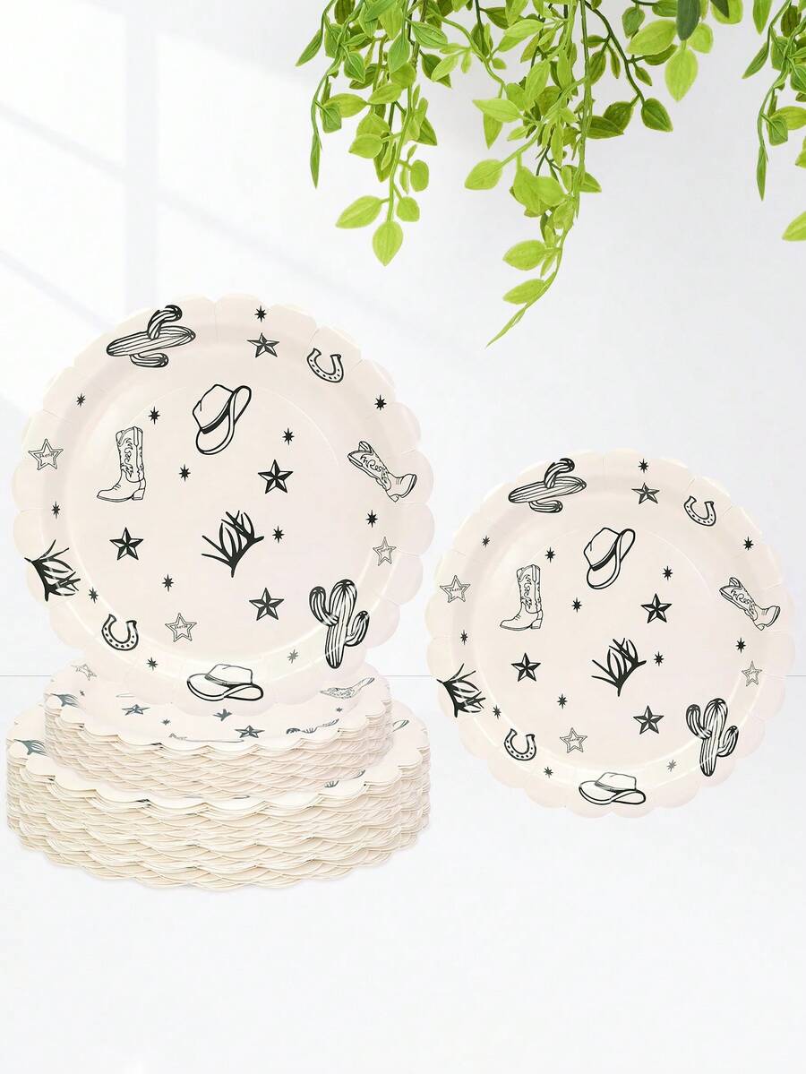 10 cái/20 cái/50 cái Đĩa tiệc cao bồi miền Tây Đĩa giấy hình vỏ sò hình bò Đĩa bánh ăn tối Đĩa ăn nhẹ Đồ dùng sinh nhật miền Tây Đĩa tráng miệng giấy chủ đề tiệc độc thân First Rodeo Cowboy Ranch cho tiệc sinh nhật cao bồi miền Tây hoang dã - Đen và trắng - Xem 1