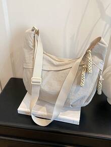 时尚纯色尼龙防水单肩包，休闲简约学院风，宽肩带斜挎包，多重拉链设计，适合学生、购物、日常使用 - 白色 - 查看 9