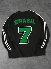 Shwiy Men's Minimalist Black Webbing Long Sleeve T-Shirt With School Sports Number 7 Print, Suitable For School, Casual Wear, Pair With White Tee, Street Fashion - Black - View 2