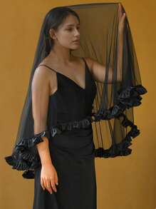 1 pieza Velo de novia negro con ribete de satén fruncido, decoración vintage para Halloween, boda, ropa bohemia de otoño para mujeres