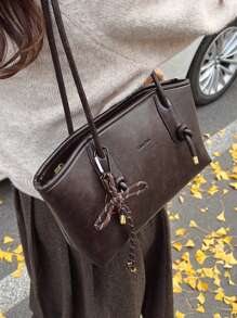 女士优雅纯色手提包，时尚大容量休闲单肩包，适合日常使用，多功能高品质通勤包 - 咖啡棕 - 查看 4