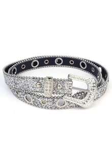 Y2K Girl Fashion Solid Print Studded Full Rhinestone Belt PU Leather Bling Crystal Adjustable Glitter Waistband For Club Party ﻿