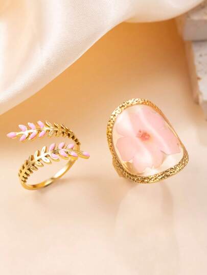 2pcs Sweet & Cute Fade-Resistant Dried Flower, Resin Coated Preserved Flower, Leaf & Twig Adjustable Rings, Suitable For Women's Daily Wear