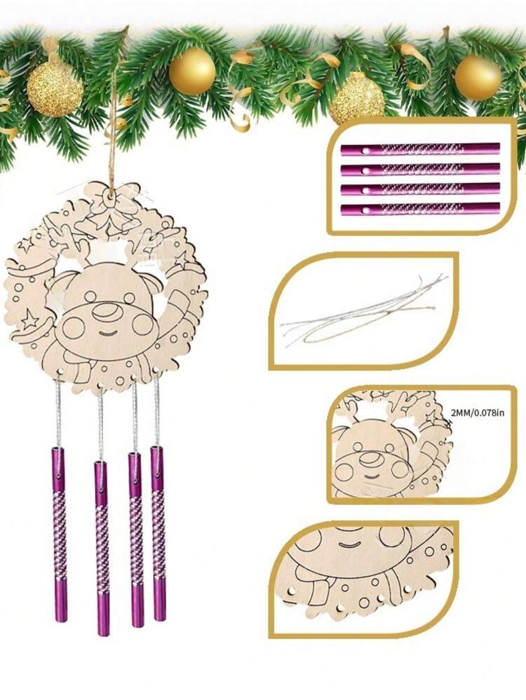 木制圣诞可爱风铃装饰、DIY 风铃装饰、创意彩色涂鸦风铃 DIY 工艺品、圣诞节派对装饰 - 彩色 - 查看 5