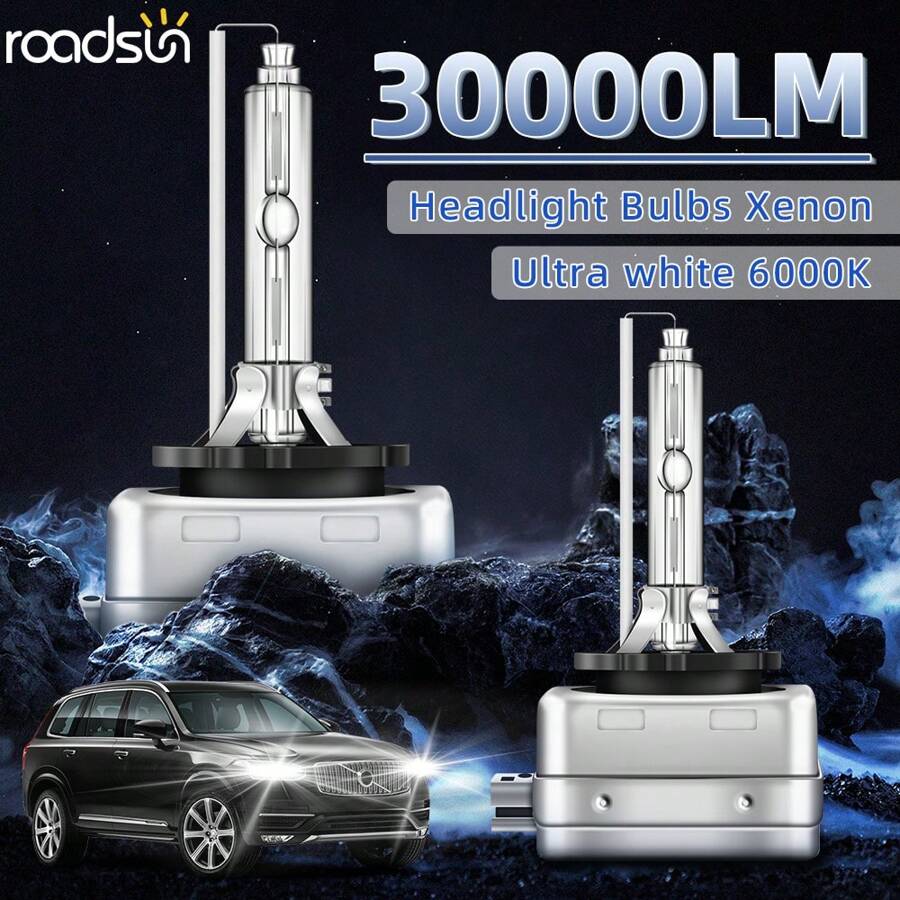 2个ROADSUN D1S D2S D4S D3S汽车大灯灯泡，6000K冷白光，氙气灯，3500小时寿命，防水设计，亮度提升350%，5分钟安装，强劲散热系统，完美光型防眩光，内置驱动器