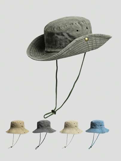 1pc Unisex Solid Color Foldable Fisherman Hat, Washed Vintage Cowboy Bucket Hat For Outdoor, Hiking, Fishing, Sun Protection, All Season Casual Use