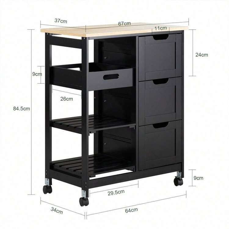 FKW79-HG, Kitchen Trolley Cart Kitchen Storage Trolley Serving Trolley With 3 Drawers And Removable Tray, Grey - Black - View 2