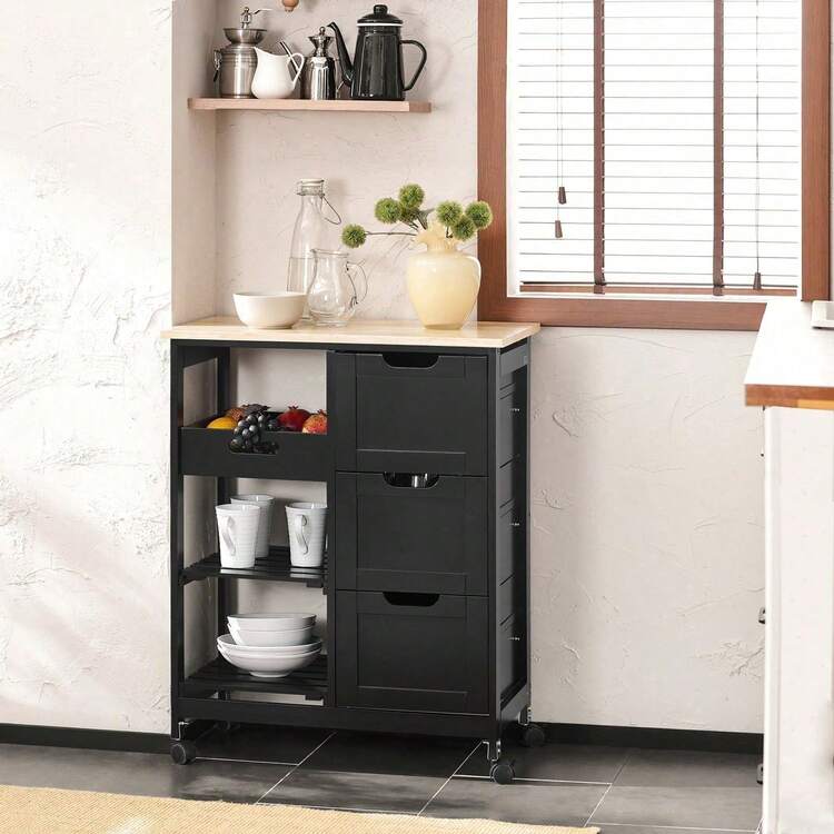 FKW79-HG, Kitchen Trolley Cart Kitchen Storage Trolley Serving Trolley With 3 Drawers And Removable Tray, Grey - Black - View 3